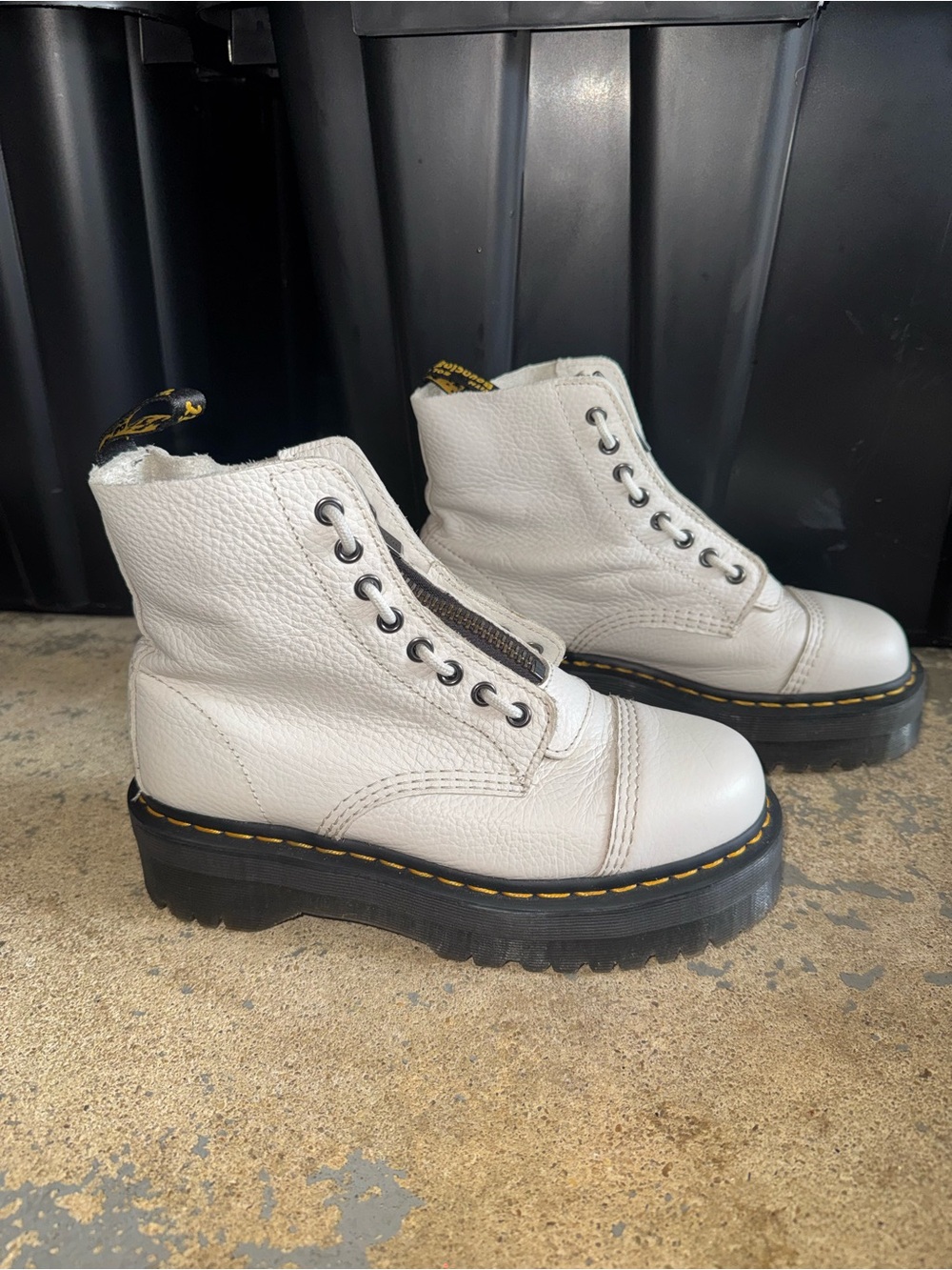 Dr. Martens White Leather Lace-Up Platform Boots with Black Sole